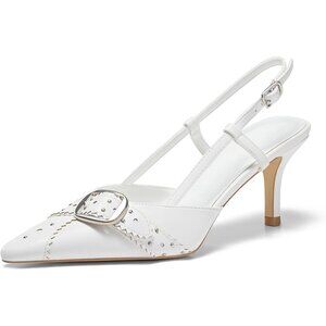 Coutgo Women's White Slingback Closed Pointed Toe Studded Buckle Strap Heels